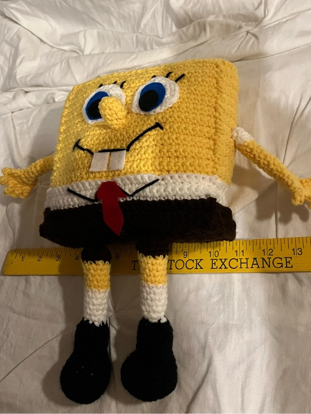 Handmade Yellow Character Crochet Plush Toy with Red Tie Sponge Bob